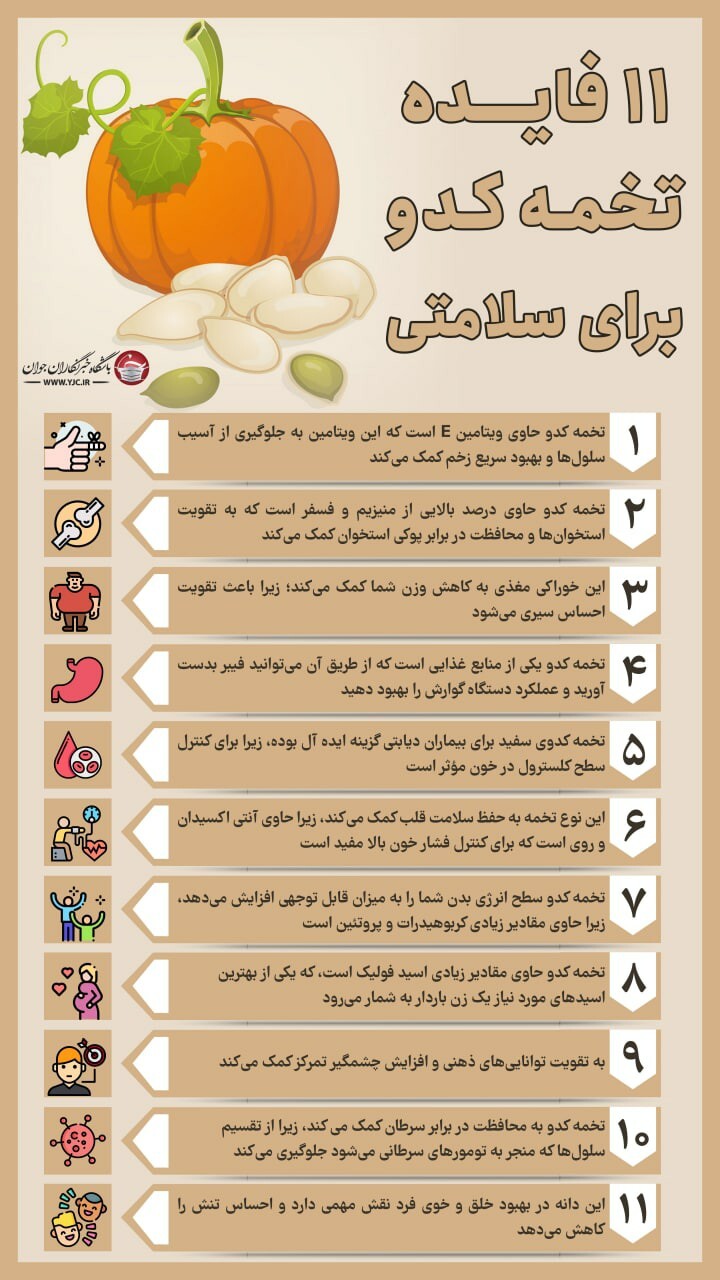 اینفوگرافیک؛ ۱۱ فایده تخمه کدو برای سلامتی