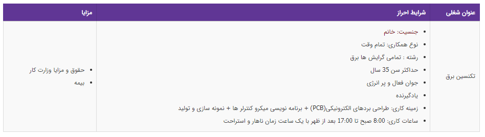 استخدام تکنسین برق در تهران