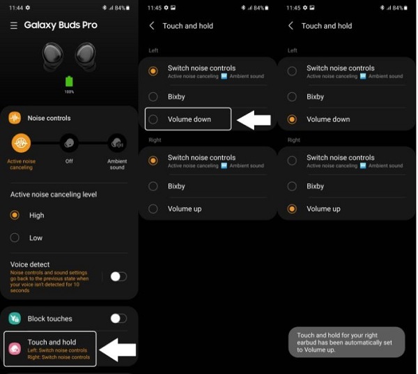 نحوه کنترل میزان صدا در Galaxy Buds Pro با حرکات لمسی