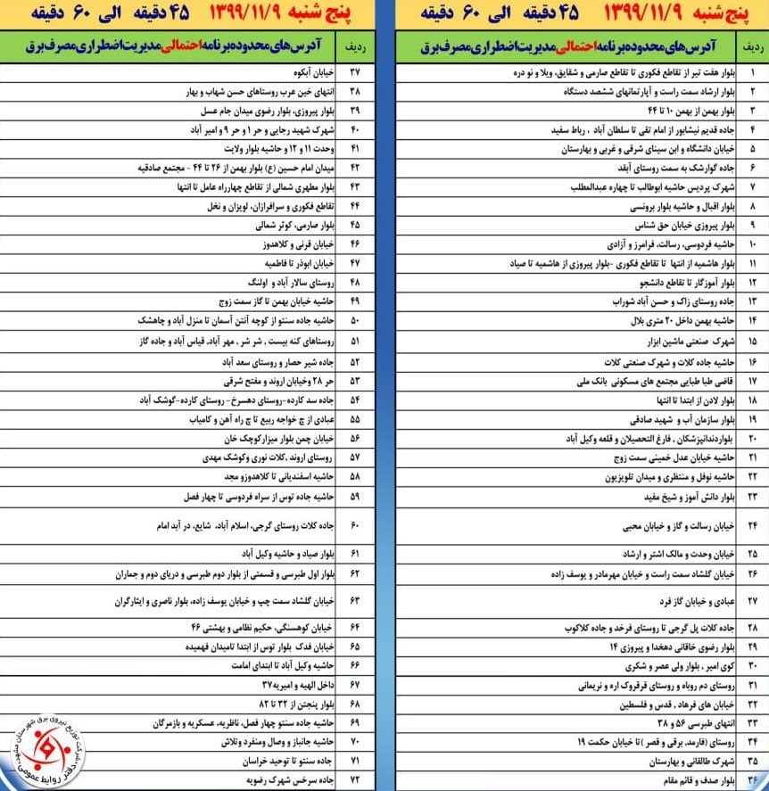 امروز برق کدام مناطق مشهد قطع می شود؟