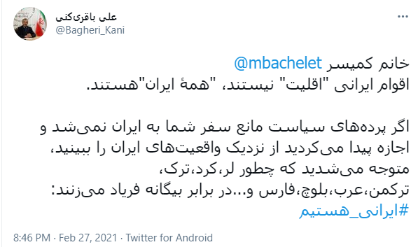 واکنش باقری کنی به ادعای کمیسر سازمان ملل در مورد اقوام ایرانی