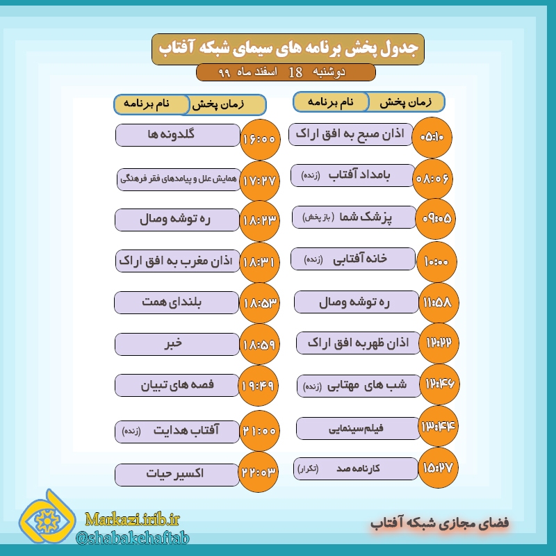 برنامه&zwnj;های سیمای شبکه آفتاب در هجدهم اسفند ماه ۹۹