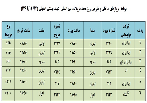 برنامه پرواز&zwnj;های ۱۲ اردیبهشت ماه فرودگاه شهید بهشتی اصفهان