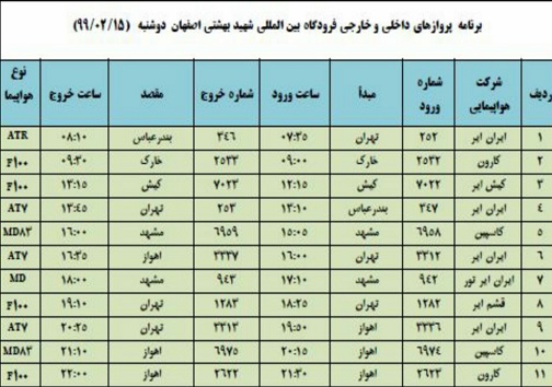 برنامه پرواز&zwnj;های ۱۵ اردیبهشت ماه فرودگاه شهید بهشتی اصفهان