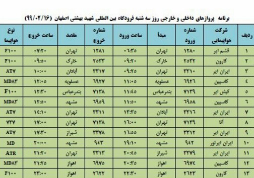 برنامه پرواز&zwnj;های ۱۶ اردیبهشت ماه فرودگاه شهید بهشتی اصفهان