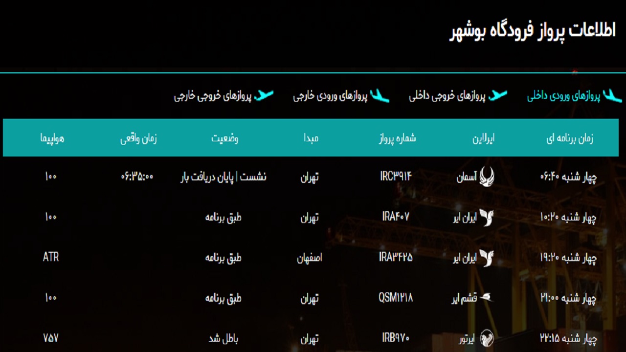 اطلاعات پرواز فرودگاه بوشهر در ۱۷ اردیبهشت ۹۹