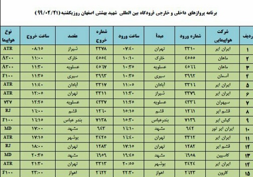 برنامه پرواز&zwnj;های ۲۱ اردیبهشت ماه فرودگاه شهید بهشتی اصفهان