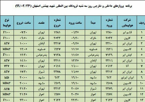 برنامه پرواز&zwnj;های ۲۳ اردیبهشت ماه فرودگاه شهید بهشتی اصفهان