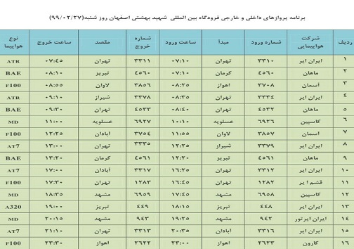 برنامه پرواز&zwnj;های ۲۷ اردیبهشت ماه فرودگاه شهید بهشتی اصفهان
