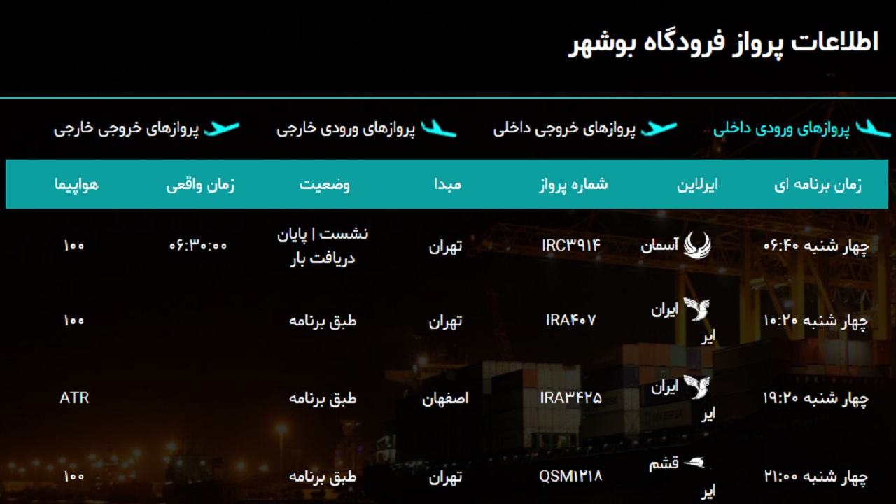 پرواز&zwnj;های فرودگاه بوشهر در ۳۱ اردیبهشت ۹۹