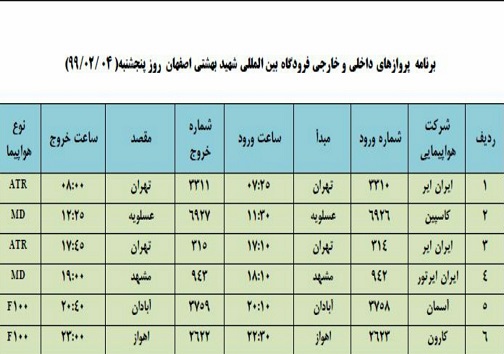 برنامه پرواز&zwnj;های ۴ اردیبهشت ماه فرودگاه شهید بهشتی اصفهان