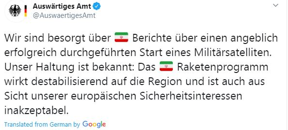 پرتاب موفقیت&zwnj;آمیز ماهواره &laquo;نور&raquo; ایران به فضا آلمانی&zwnj;ها را نگران کرد!