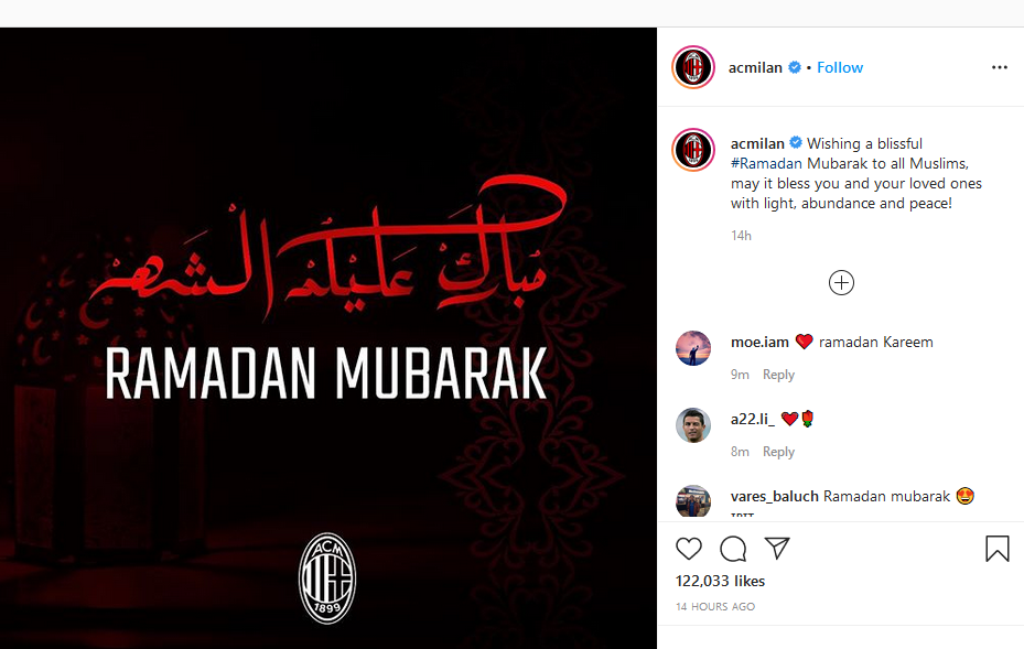 تبریک اینستاگرامی ماه رمضان باشگاه آث میلان به مسلمانان؛استقبال محمد صلاح از ماه مبارک رمضان