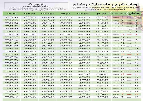 اوقات شرعی ماه رمضان در شهرستان های خراسان جنوبی