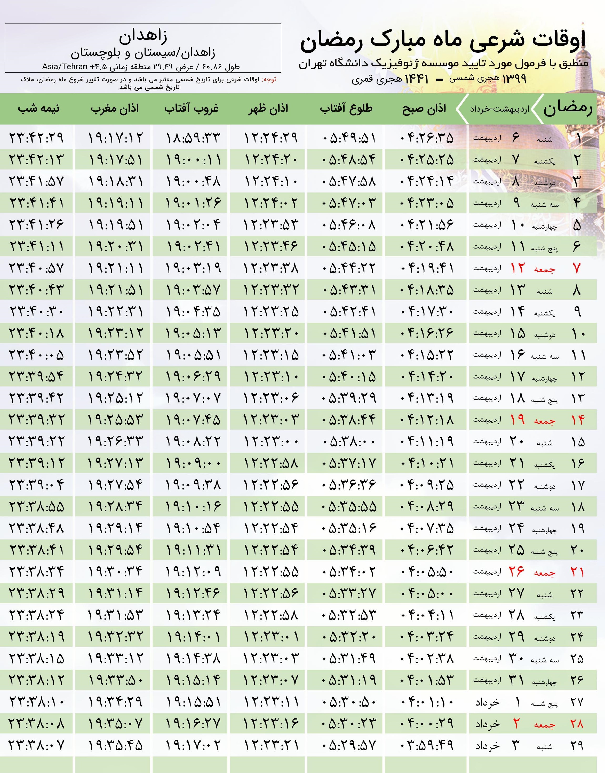 اوقات شرعی اردیبهشت ماه و ماه مبارک رمضان ۹۹ به افق زاهدان