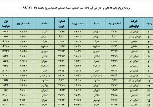 برنامه پرواز&zwnj;های ۷ اردیبهشت ماه فرودگاه شهید بهشتی اصفهان