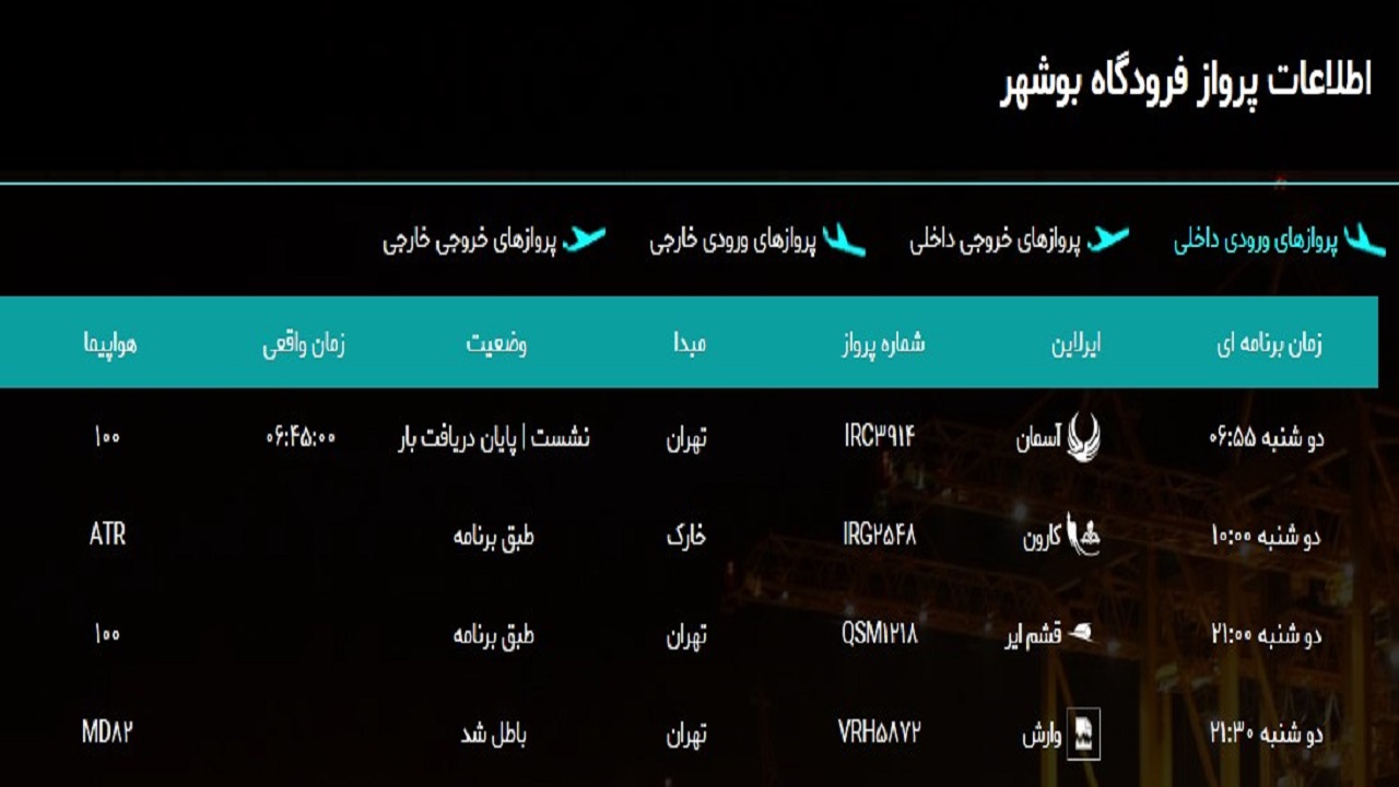 پرواز&zwnj;های فرودگاه بوشهر