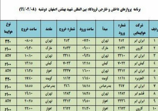 برنامه پرواز&zwnj;های ۸ اردیبهشت ماه فرودگاه شهید بهشتی اصفهان