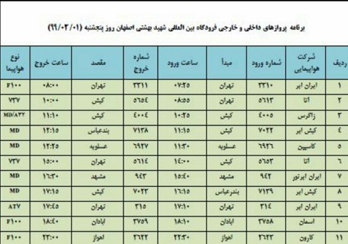 برنامه پرواز&zwnj;های ۱ خرداد ماه فرودگاه شهید بهشتی اصفهان