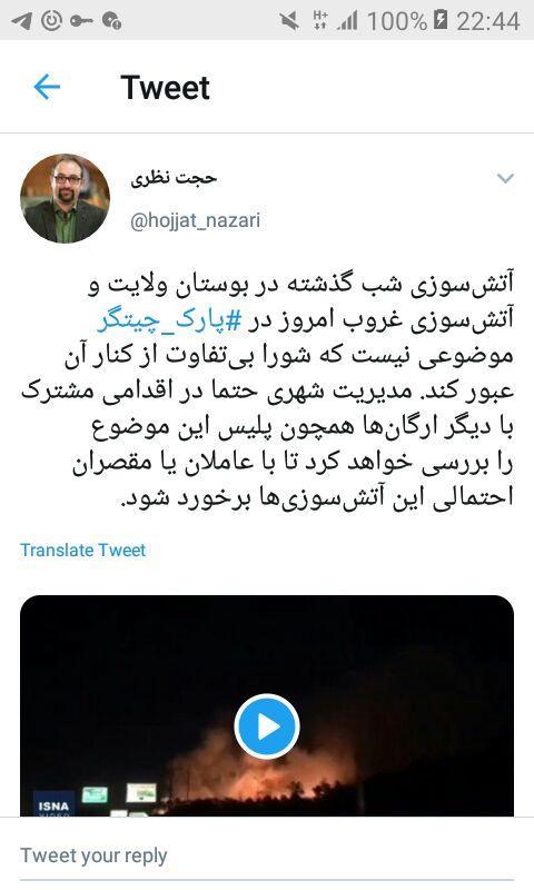پیگیری شورای شهر برای برخورد با عاملان آتش سوزی بوستان&zwnj;های ولایت و چیتگر