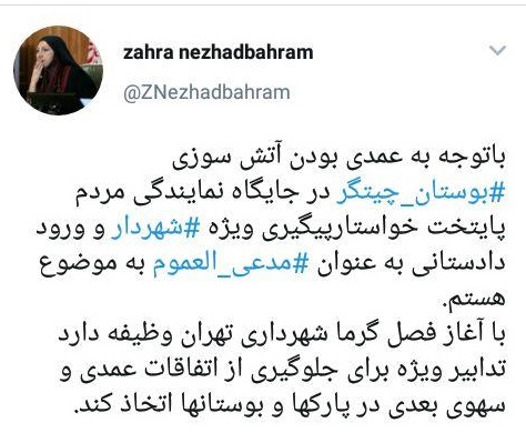 لزوم ورود دادستانی به ماجرای آتش&zwnj;سوزی بوستان&zwnj;های چیتگر و ولایت