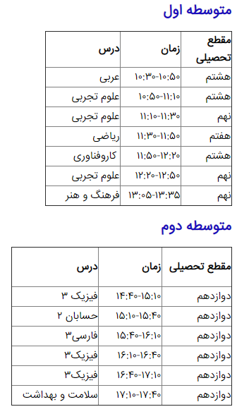 برنامه&zwnj;های درسی 25 خرداد شبکه&zwnj;های تلویزیونی