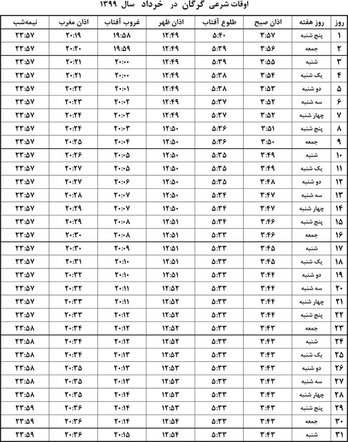اوقات شرعی خرداد ماه ۹۹ به افق گرگان