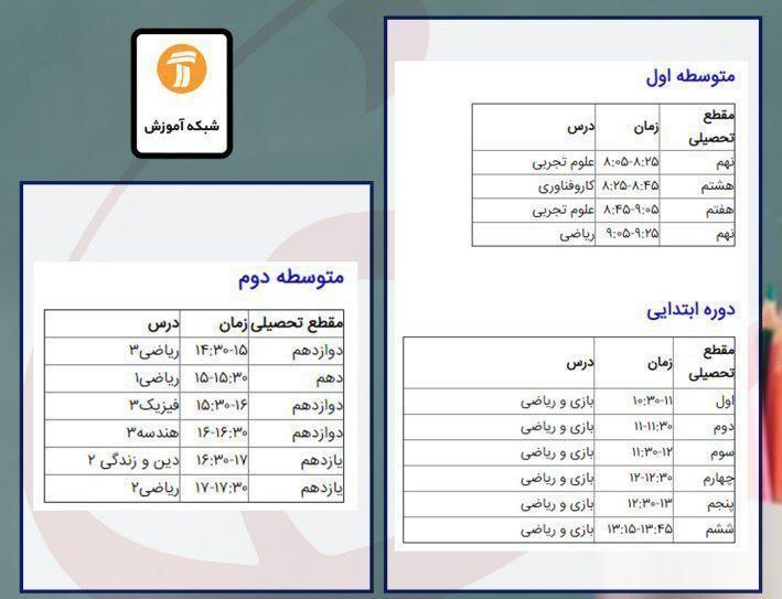 برنامه&zwnj;های درسی ۷ خرداد شبکه&zwnj;های تلویزیونی