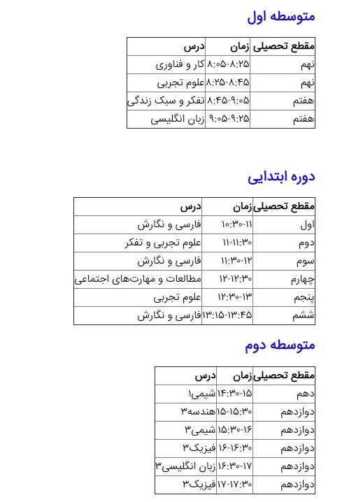برنامه&zwnj;های درسی ۸ خرداد شبکه&zwnj;های تلویزیونی