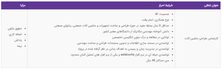 استخدام کارشناس طراحی ماشین آلات در تهران