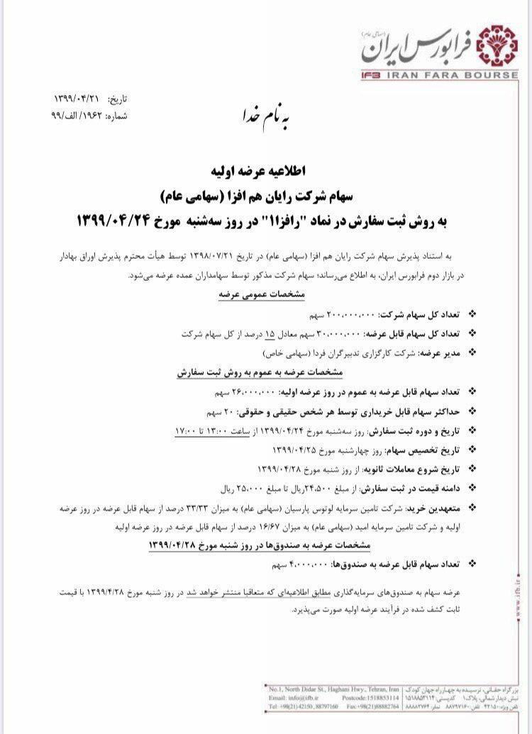 عرضه اولیه سهام شرکت رایان هم افزا