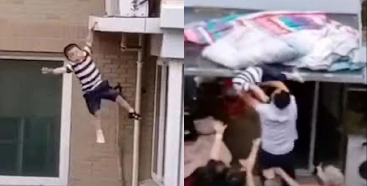 لحظه دلهره‌آور نجات کودک در حال سقوط