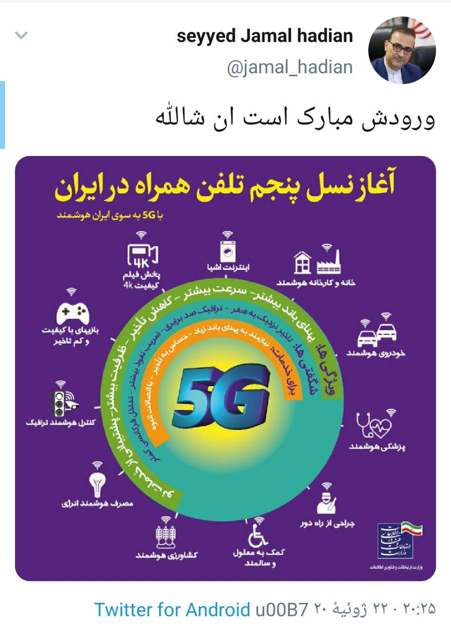 تبریک توئیتری روابط عمومی وزارت ارتباطات به مناسب ورود فناوری 5G