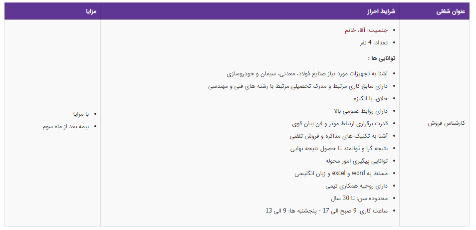 استخدام کارشناس فروش با مزایا در تهران