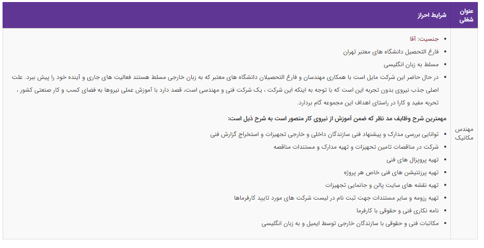 استخدام مهندس مکانیک در یک شرکت معتبر