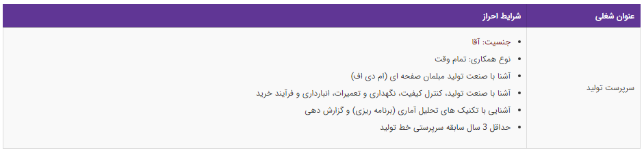 استخدام سرپرست تولید در تهران