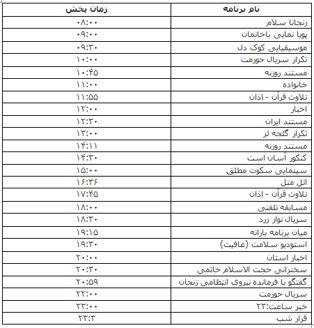 جدول پخش برنامه&zwnj;های یکم آبان ماه صدا و سیمای مرکز زنجان