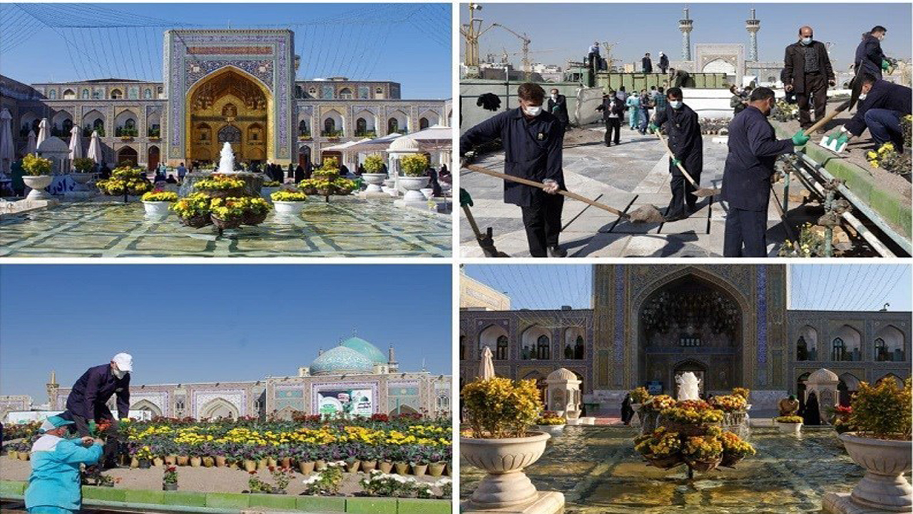 حرم رضوی به‌مناسبت میلاد حضرت رسول‌الله (ص)گل‌آرایی شد/ فرش گل زیبای "یا محمد (ص) " در صحن جامع رضوی