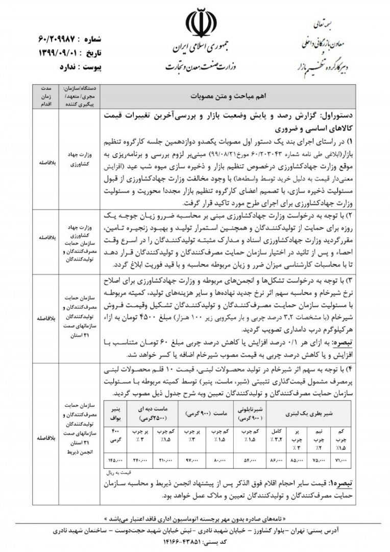 بخشنامه افزایش قیمت لبنیات
