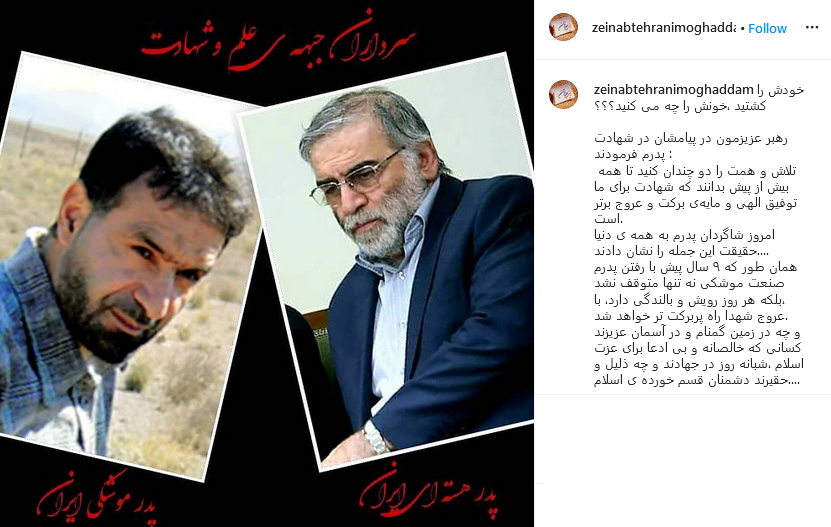 پیام دختر شهید تهرانی مقدم به خانواده شهید هسته&zwnj;ای