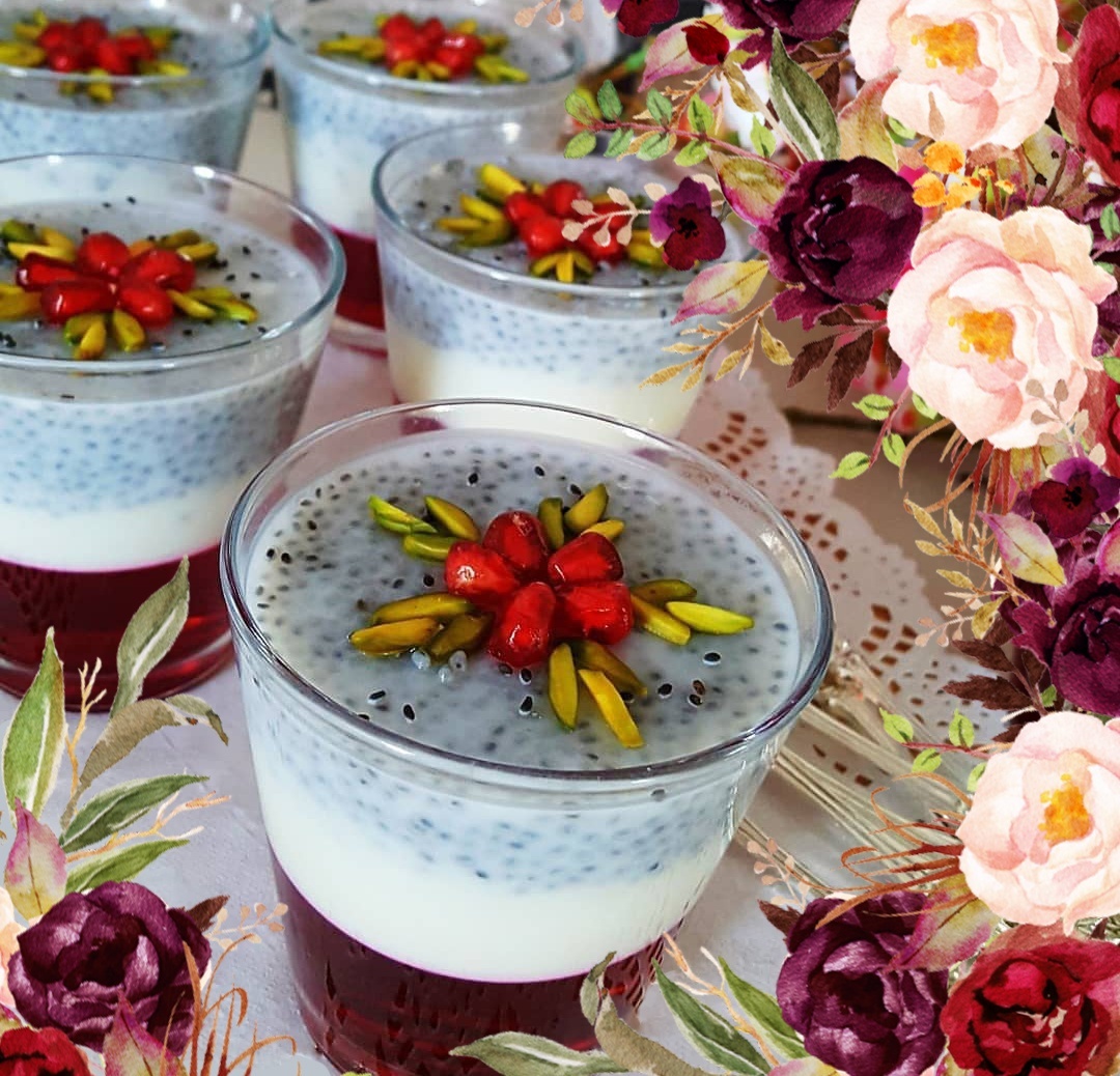 طرز تهیه ژله یلدایی چند رنگ و لایه&zwnj;ای انار و تخم شربتی؛ مخصوص یلدا ۹۹