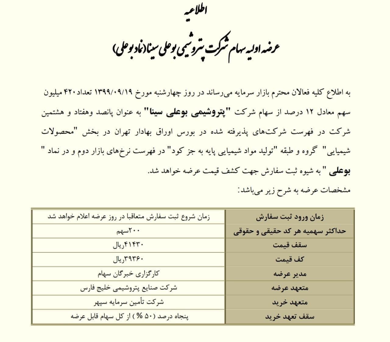 عرضه اولیه سهام شرکت پتروشیمی بوعلی سینا در بورس