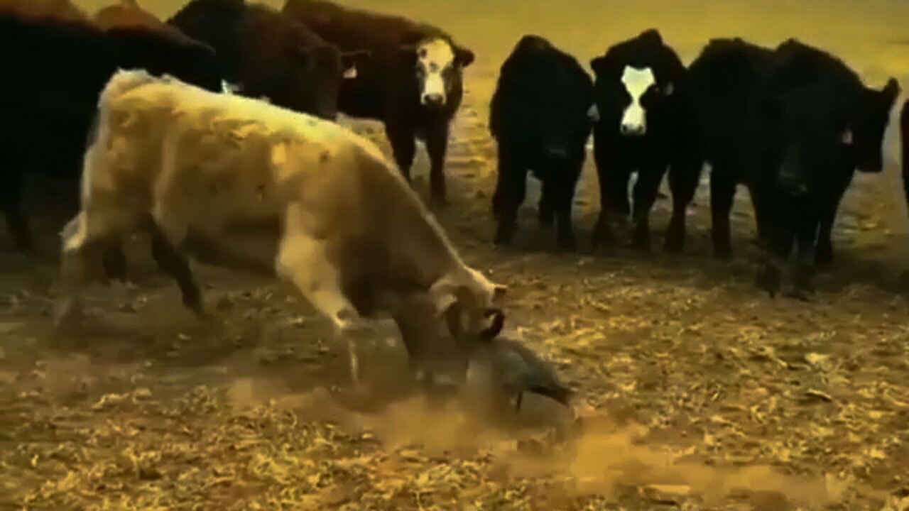 شاخ به شاخ عجیب گاو با غاز + فیلم