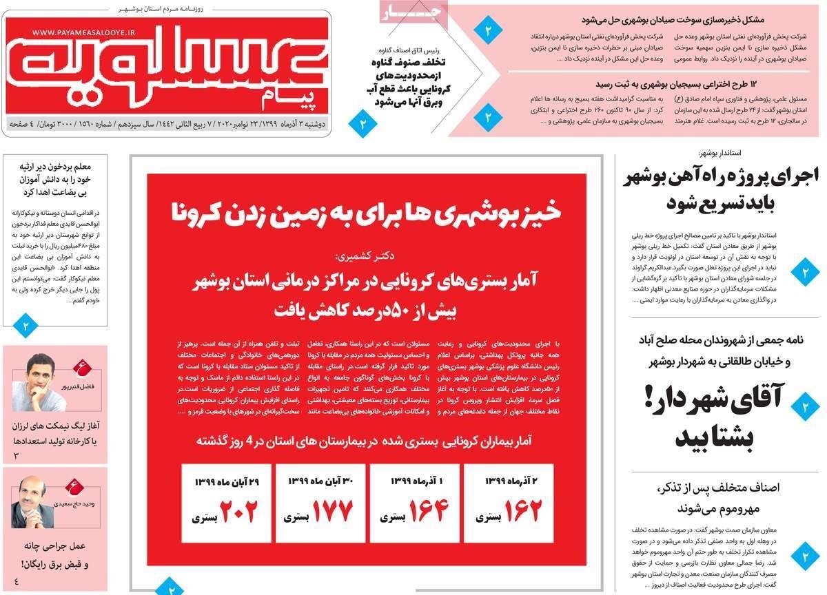صفحه نخست روزنامه&zwnj;های بوشهر در ۳ آذر ۹۹
