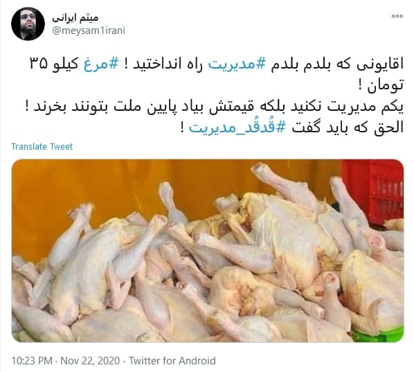 توئیت کاربران با هشتگ #مدیریت آقایان چند روز مدیریت نکنید بلکه قیمت مرغ پایین بیاید!