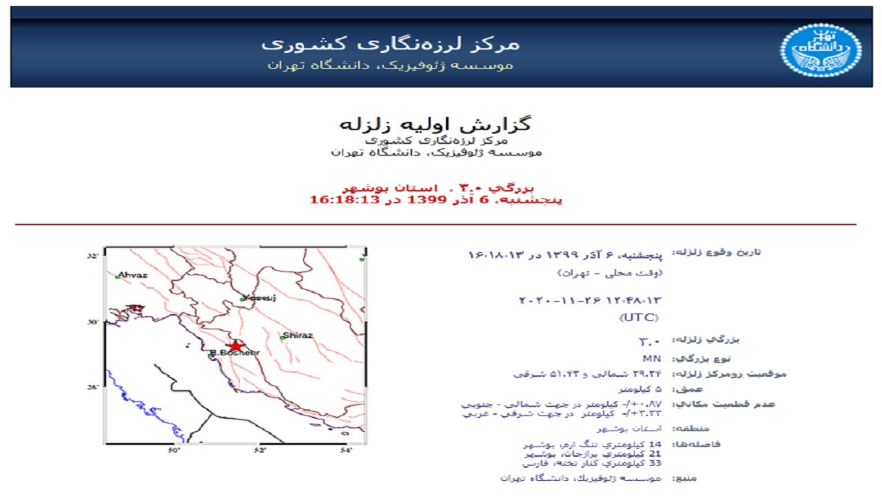 زلزله ۳ ریشتری در تنگ ارم دشتستان رخ داد