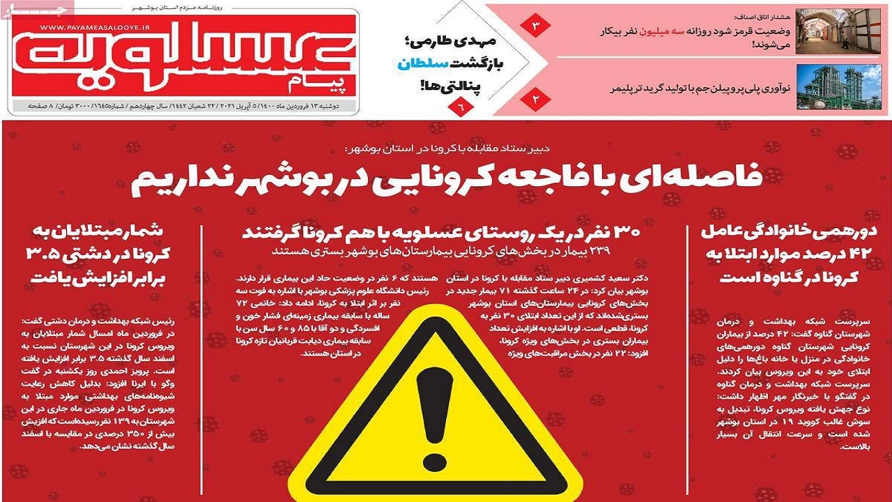 صفحه نخست روزنامه&zwnj;های بوشهر در ۱۶ فروردین