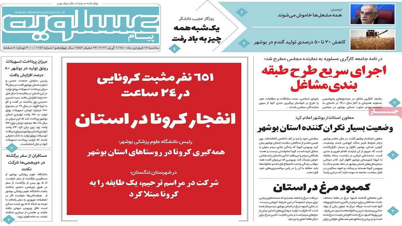 صفحه نخست روزنامه&zwnj;های بوشهر در ۱۷ فروردین ۱۴۰۰