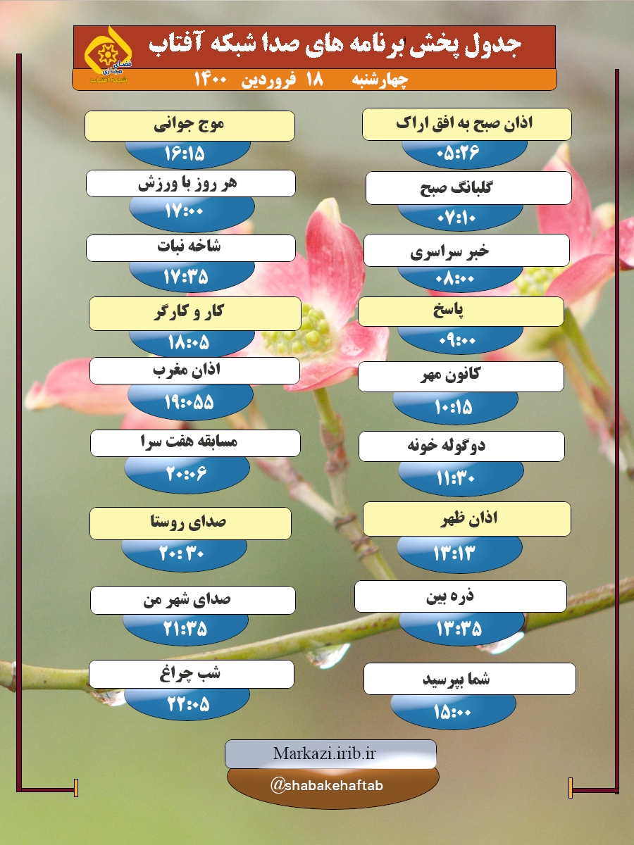 برنامههای صدای شبکه آفتاب در هجدهم فروردین ماه ۱۴۰۰ برنامههای صدای شبکه آفتاب در هجدهم فروردین ماه ۱۴۰۰