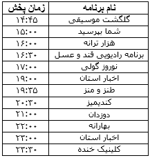 جدول پخش برنامه&zwnj;های رادیویی 4 فروردین ماه صدا و سیمای مرکز زنجان